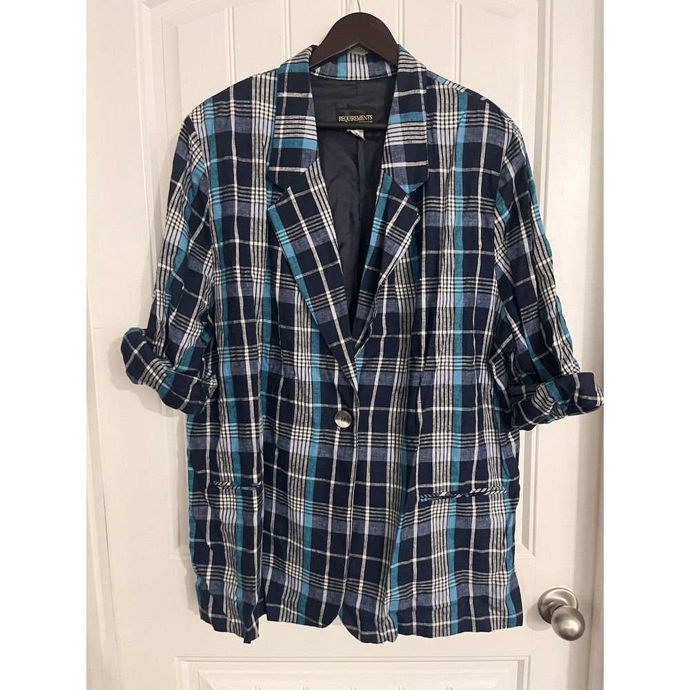 Requirements Linen Blazer Women Plus 22W‎ Plaid Navy Vintage Lined